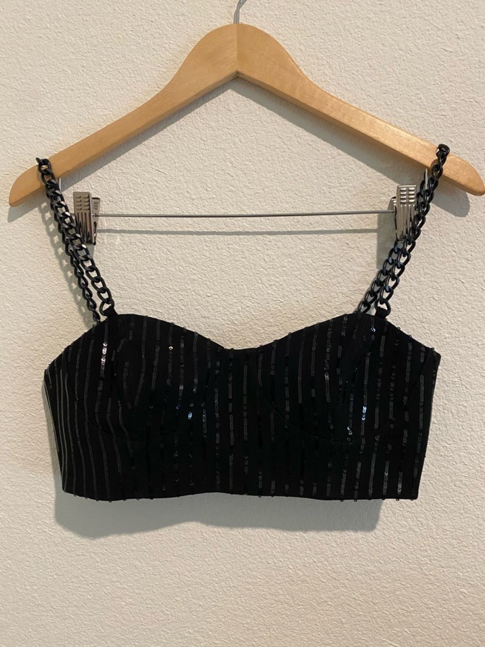 MICHAEL Michael Kors Black Sequin Bustier Crop Top with Chain Straps